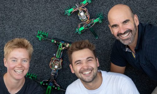 Jojo, Robin and Chris posing in front of their bio-inspired lizard robots used for animal biomechanics studies on climbing locomotion